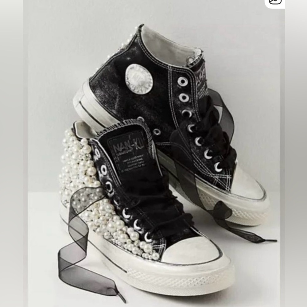 Free People/ New Nan Ku Women's Black With White Pearls Sneakers Sizes 10 & 11